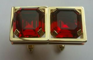 Vintage Swank Ruby Red Cut Glass Rhinestone Chunky Cuff Links Gold Tone Cufflink