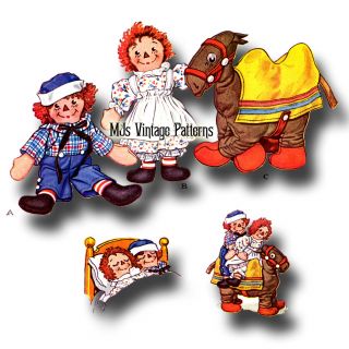 Vintage 1940s Pattern 15 " Raggedy Ann,  Andy Dolls & Camel With Wrinkled Knees
