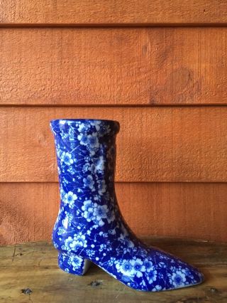 Antique Victoriaware Ironstone Flow Blue Calico Pattern Boot Vase