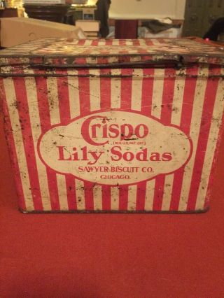 Antique Crispo Lily Sodas Tin Sawyer Biscuit Co.  Cracker Primitive Advertising