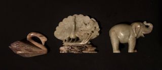 Fine Old Chinese Carved White Hardstone Stone Elephant,  Swan,  Peacock
