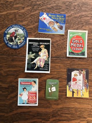 7 Antique Cinderella Poster Stamps Flour Milk Mincemeat Confections