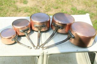 Antique Copper Saucepan Set (5) Tin Lined Villedieu Lecellier 4kg/8.  8lbs