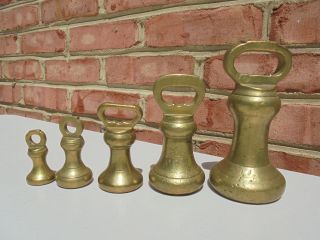 Antique Vintage 5 Piece Set Brass Bell Weights 4 Oz To 4 Lb