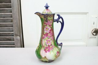 Nippon Chocolate Pot Asian Mark Pink Flowers White Beaded Accents Cobalt Blue