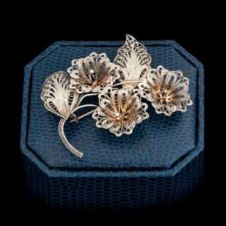 Antique Vintage Art Nouveau Sterling Silver English Filigree Flower Pin Brooch