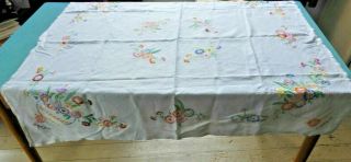 Vintage Hand Embroidered Tablecloth Flowers & Vases Of Flowers On White Linen?