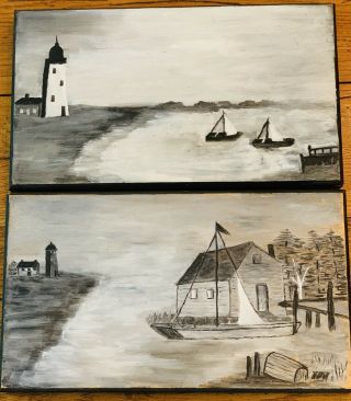 Set Of 2 Vintage Oil Paintings On Wood.  Black White Nautical Maritime Lighthouse