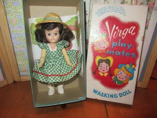 Vintage Hard Plastic Virga Playmates 8 " Doll Brunette Box Ginny Friend