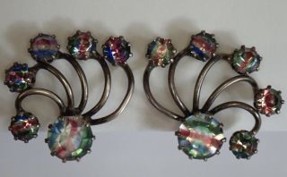 Antique Art Deco 830 Fine Silver Rainbow Iris Glass Rhinestone Clip Earrings