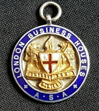 Silver Gold Enamel Fob Medal London Business Houses 1939 A.  S.  A.  Swimming Team 3