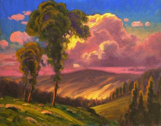 Oil Painting Impressionist Landscape Vintage Antique Red Clouds Sunset Max Cole