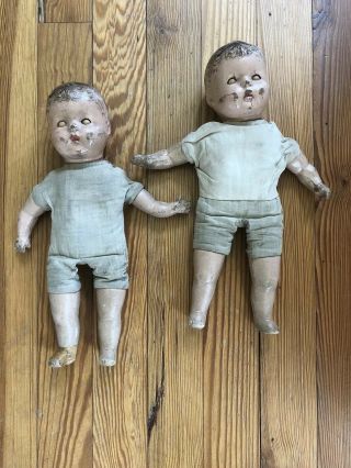 Vintage Composition Baby Doll Set Of 2 - 5 In.  Cloth Torso Blue Tin Sleep Eyes