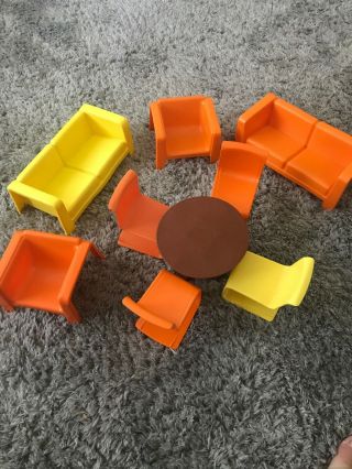 9pc Vintage 1973 Mattel Barbie Mod Furniture Table & 4 Chairs 2 Couches & Chairs