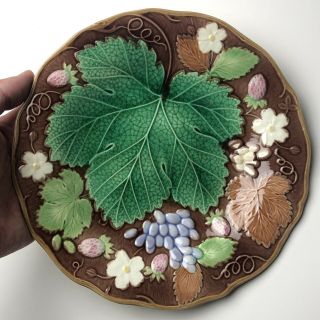 Antique 8 3/4” Majolica Plate W/ Leaves Flowers And Berries