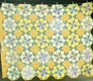 Antique Vintage 1930s Yellow Lemoyne Star Octagon Folk - Art Patchwork Quilt