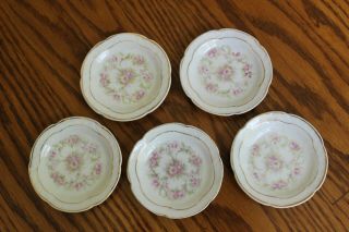 Antique Z.  S.  &co Bavaria Orleans Porcelain Butter Pat Dishes Pink Flowers Set 5