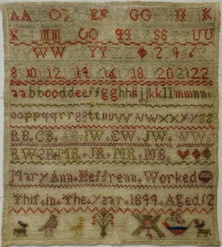 Mid 19th Century Alphabet & Motif Sampler By Mary Ann Heffrenn Aged 12 - 1844