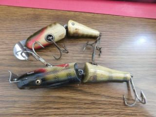 2 Vintage Garrett Creek Chub Wooden Jointed Fishing Lures With Treble Hooks