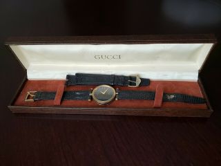 Gucci 2000 18k Gp Watch Vintage 1980s W Leather Lizard Black Strap & Black Dial