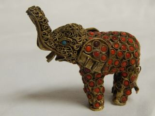 Antique Tinetan Brass Hand Crafted Elephant With Coral & Turquoise Beads