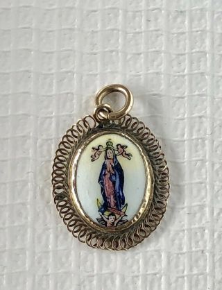 Antique Victorian Gold Enamel Virgin Mary Pendant Charm Hand Painted