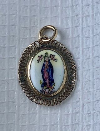 Antique Victorian Gold Enamel Virgin Mary Pendant Charm Hand Painted 2