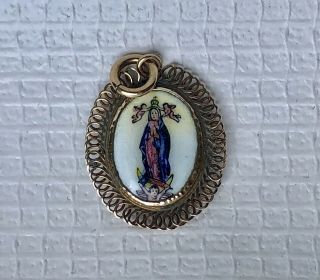 Antique Victorian Gold Enamel Virgin Mary Pendant Charm Hand Painted 3