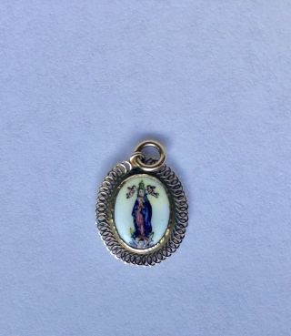 Antique Victorian Gold Enamel Virgin Mary Pendant Charm Hand Painted 5