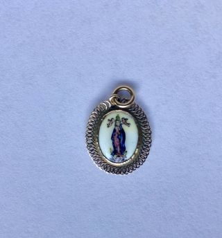 Antique Victorian Gold Enamel Virgin Mary Pendant Charm Hand Painted 6