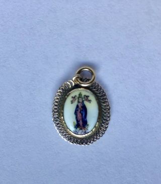 Antique Victorian Gold Enamel Virgin Mary Pendant Charm Hand Painted 7