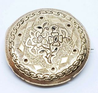 Antique 14k Roll Gold Plate Art Nouveau Pocket Watch Style Floral Etched Brooch