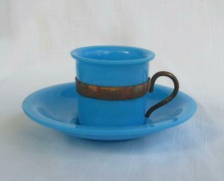 Vintage Chinese Blue Peking Glass Cup & Saucer Copper Handle