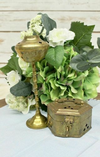 Vintage Brass Incense Burner & Potpourri Lidded Trinket Cricket Box Bundle Of 2