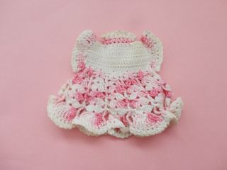 Cute Vintage Pink & White Crochet Small Doll Dress