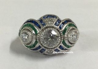 Antique Art Deco Round Diamond,  Blue And Green Emerald Engagement Ring 925silver