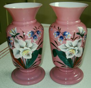 2 Antique Victorian Pink Cased Glass Vases Enameled Daffodils Spring Harbingers