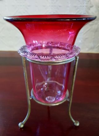 Antique Victorian Cranberry Ruby Glass Bowl Vase In Stand