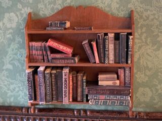Artisan Miniature Dollhouse Old Wood Wall Book Shelf Full Of 38 Books C1990
