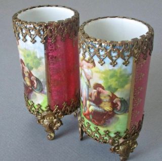 Pr Petite Antique Porcelain Vases Set In Gilt Filigree Figural Signed Kaufmann