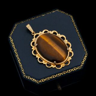 Antique Vintage Art Deco 14k Gold Filled Gf Tigers Eye Filigree Necklace Pendant