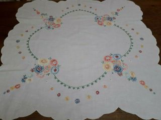 Vintage Hand Embroidered Linen Tablecloth English Tea Scalloped Edge 32 "