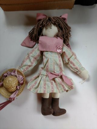 Vintage Rag Doll Cloth Fabric Soft Stuffed Yarn Hair Brown Hat 14.  5 " T 1970 - 80s