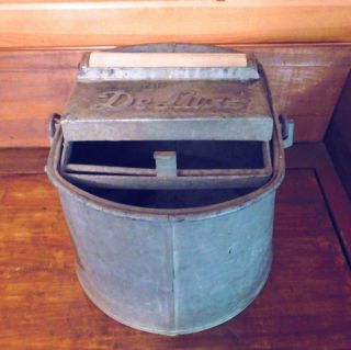 Vintage Deluxe Galvanized Metal Mop Bucket Pail Wooden Rollers Wringer Yard Art
