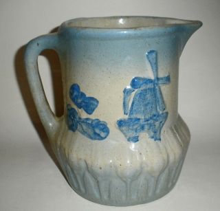 Antique Blue Salt Glazed Stoneware Pitcher - Windmill Design