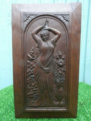 19thc Art Nouveau Wooden Panel With Female Figurine Holding Hair C1890s
