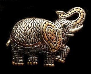 Vintage Antiqued Inlaid Silver & Gold Tone Elephant Brooch Broach Pin