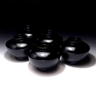 CE3: Vintage Japanese 5 Lacquered Wooden Covered Bowls 2