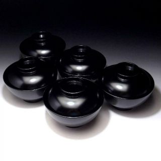 CE3: Vintage Japanese 5 Lacquered Wooden Covered Bowls 3