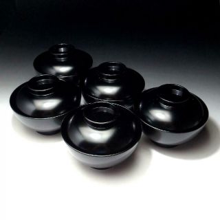 CE3: Vintage Japanese 5 Lacquered Wooden Covered Bowls 7